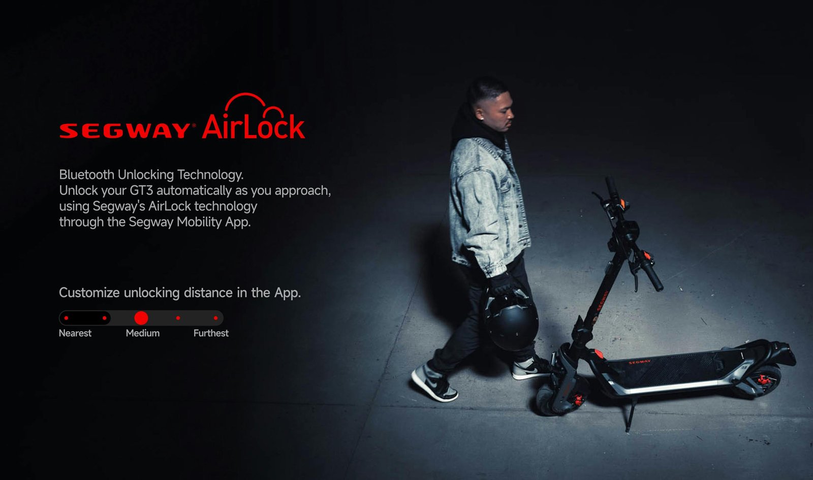 Rider approaching the Segway GT3 SuperScooter as Segway AirLock unlocks it