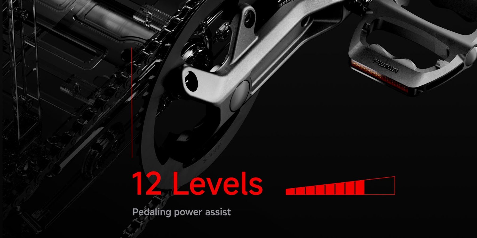 Segway Xyber electric bike pedal and 12 levels of pedal assist graphic