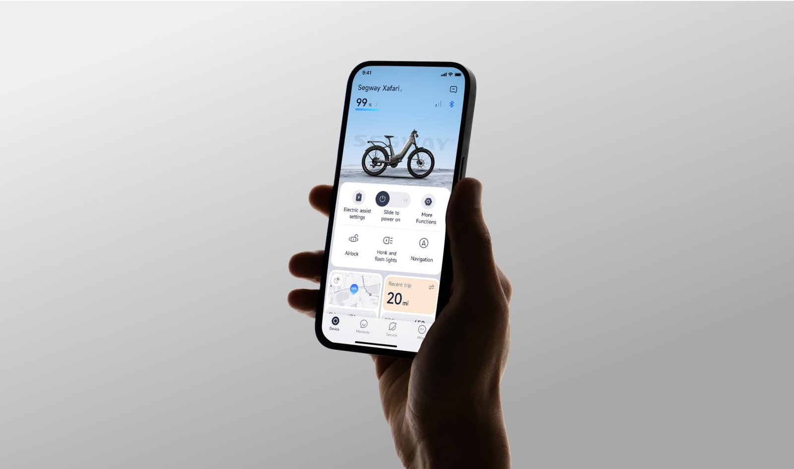 Segway Mobility App on a phone showing the Xafari electric bike