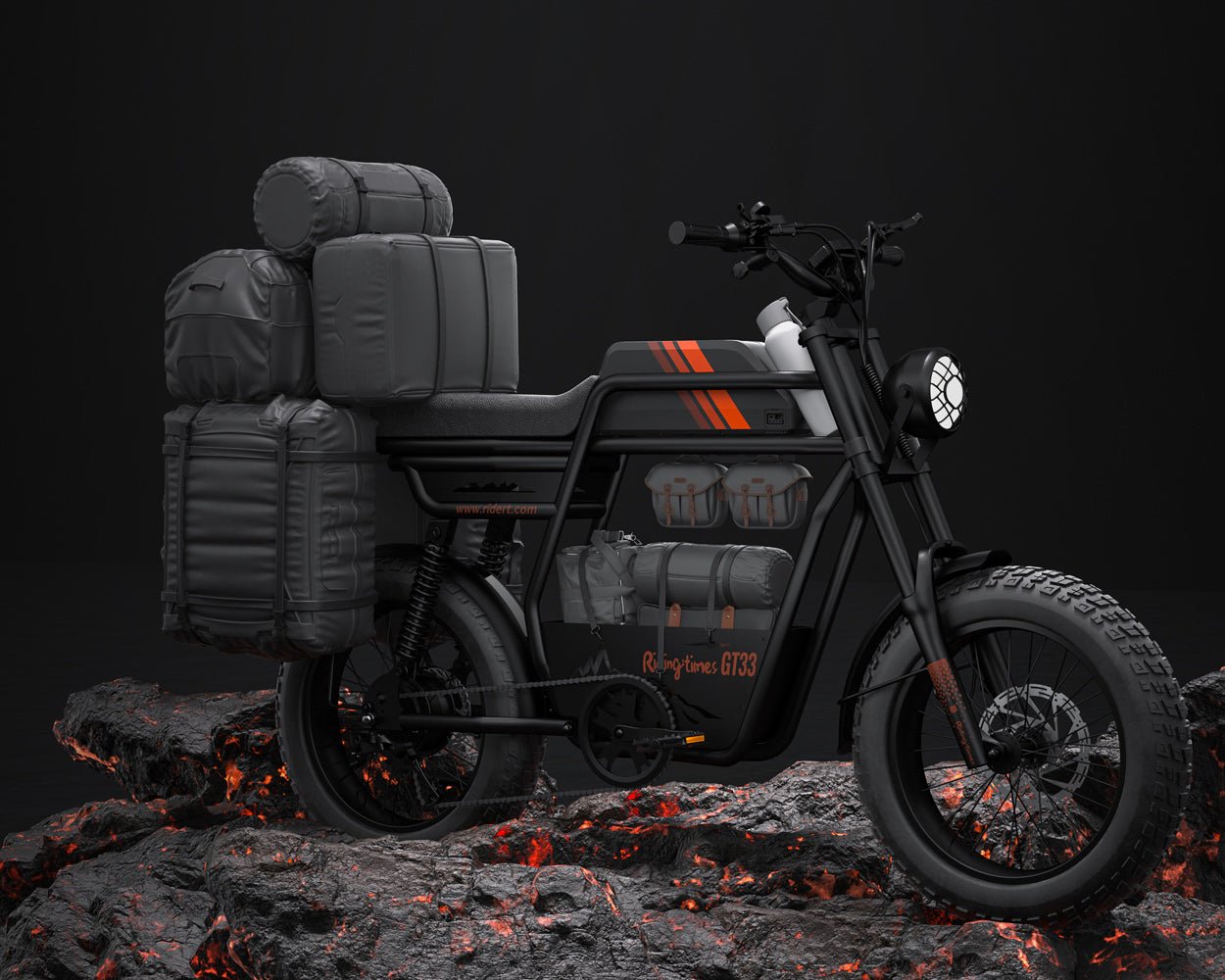 Riding’times GT33 cargo electric bike loaded with cargo bags in a studio