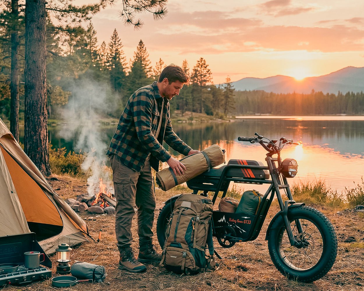 Camper loading the Riding’times GT33 cargo electric bike beside a lake at sunset