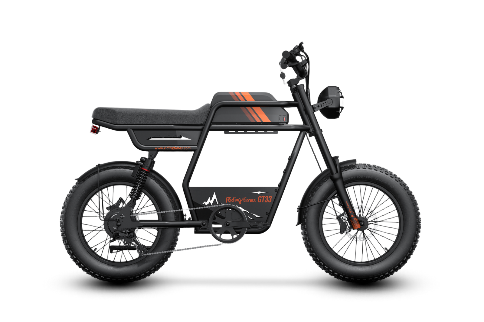 Riding’times GT33 cargo electric bike studio side view in black with orange stripes