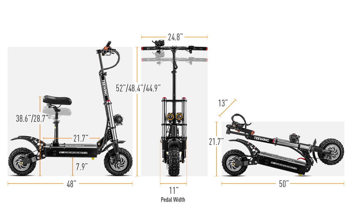 Dimension diagram of the Teewing X4 electric scooter standing and folded