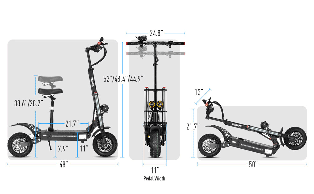 Dimension diagram of the Teewing X5 electric scooter standing and folded