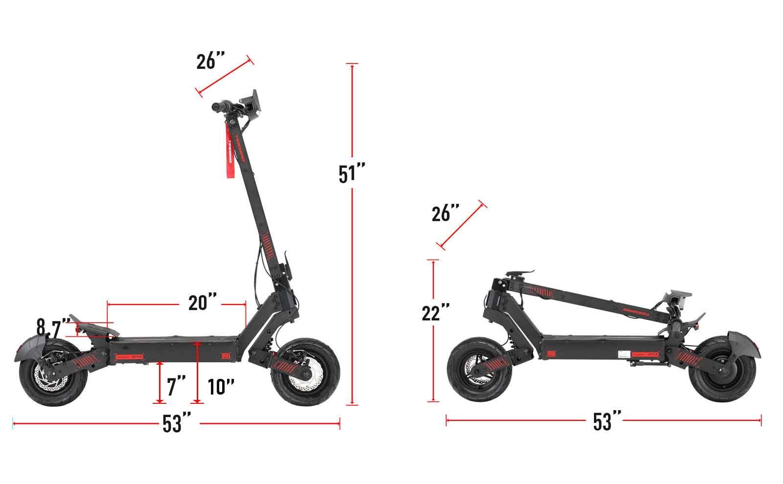 Dimension diagram of the Teewing GT4 electric scooter standing and folded