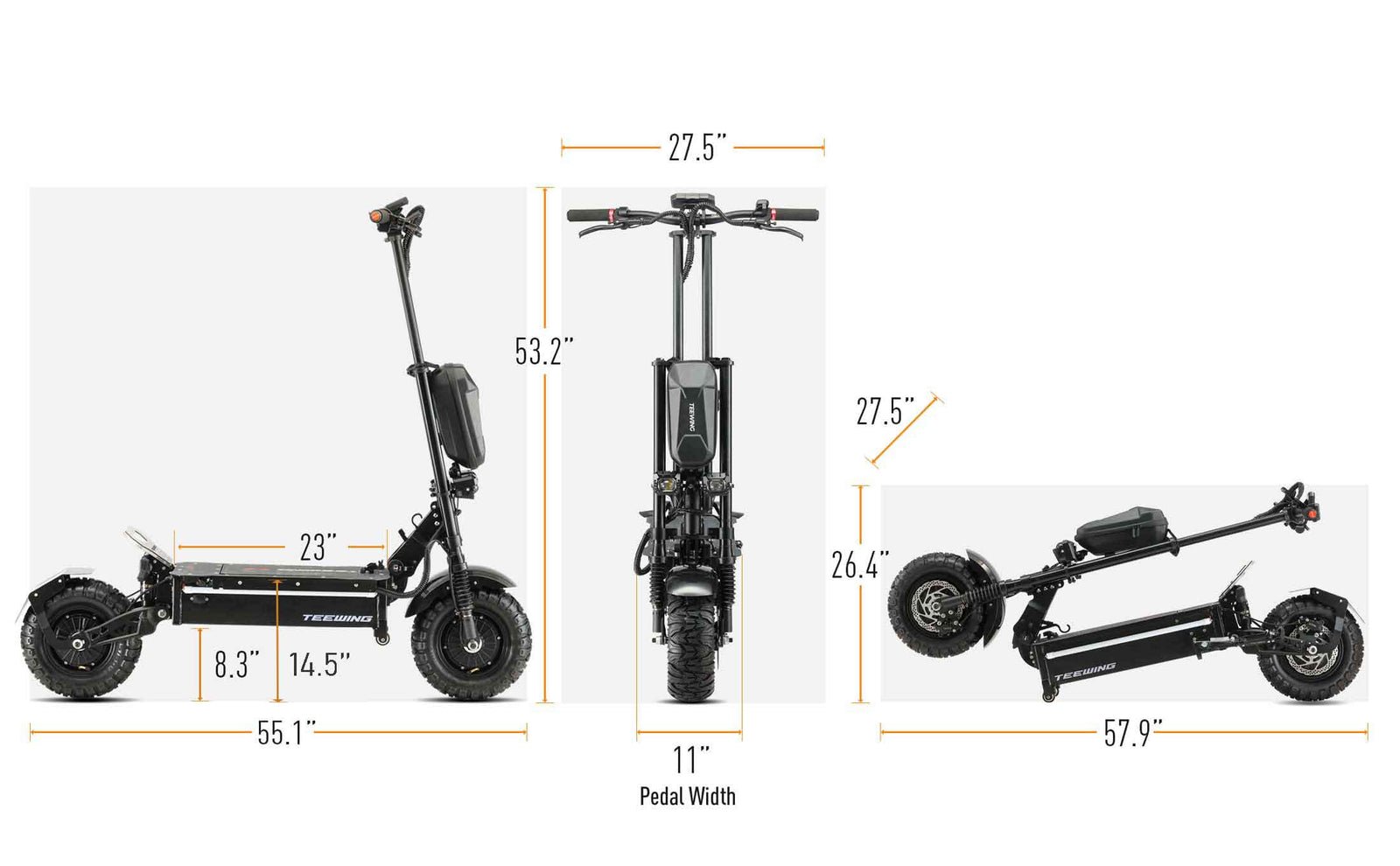 Geometry diagram of the Teewing Z4 Pro electric scooter with dimensions