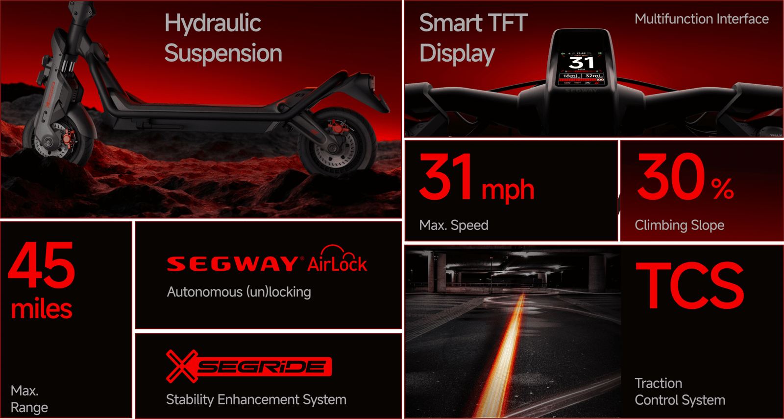 Segway GT3 SuperScooter feature overview: hydraulic suspension, smart TFT display, 31 mph, 30 percent slope, 45 miles, AirLock, SegRide, TCS