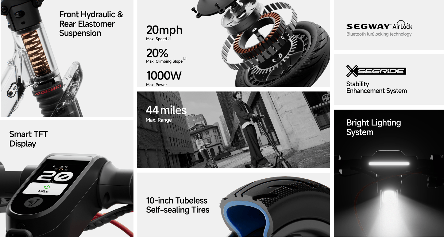 Segway F3 electric scooter feature overview: front hydraulic and rear elastomer suspension, 20 mph, 1000W, 44 miles, smart TFT display, 10 inch self-sealing tires, AirLock, SegRide, bright lighting