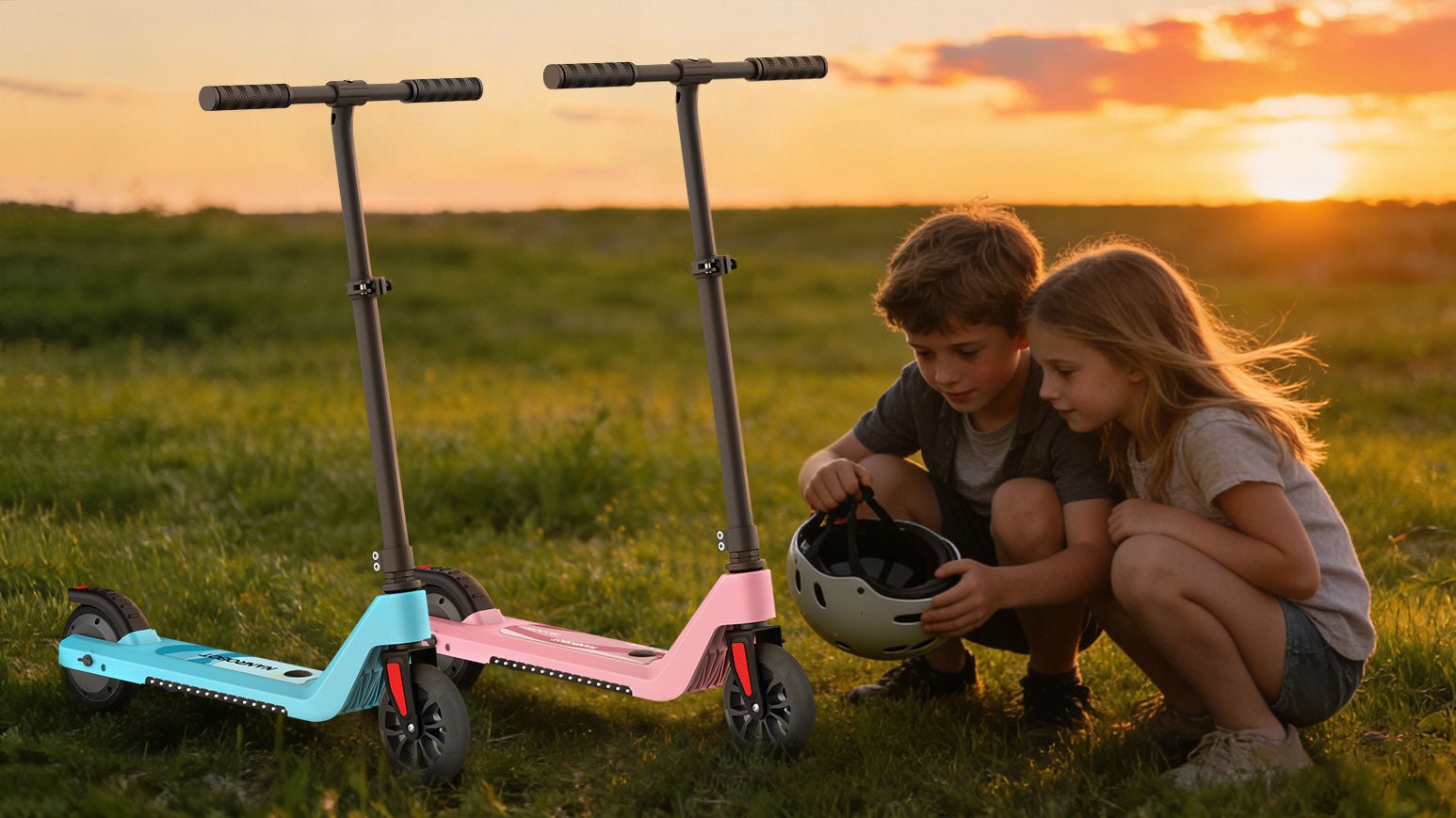 Two kids with a helmet beside Blue and Pink Nanrobot K1 electric scooters at sunset