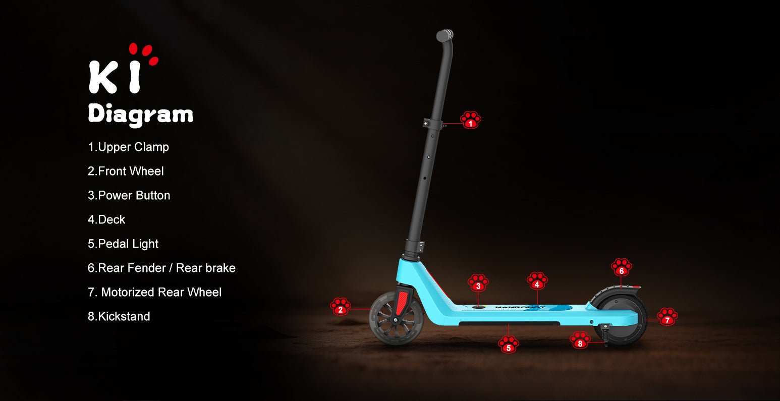 Numbered diagram of the Nanrobot K1 showing upper clamp, power button, deck, pedal light, rear brake fender and motorized rear wheel