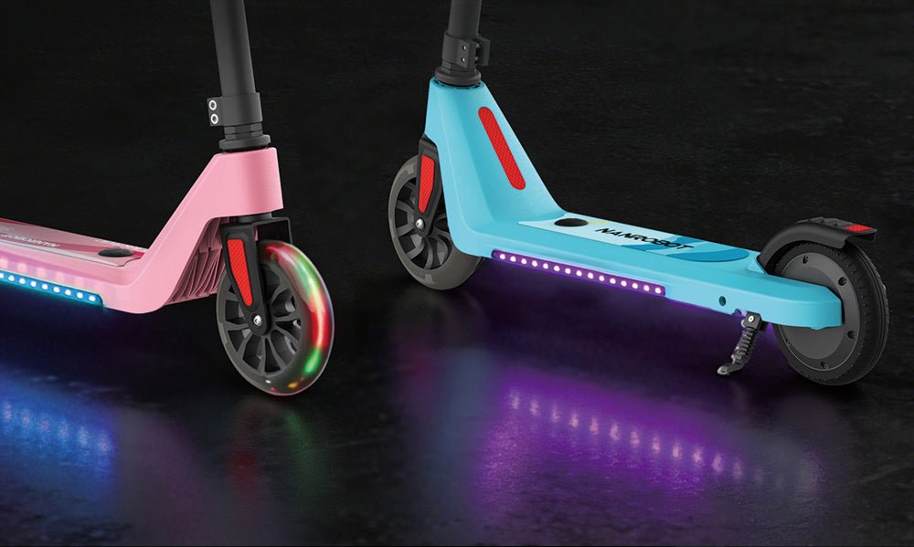 Blue and Pink Nanrobot K1 electric scooters with deck lights glowing