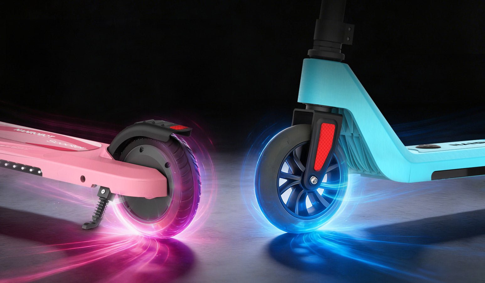 Blue and Pink Nanrobot K1 wheels glowing in the dark