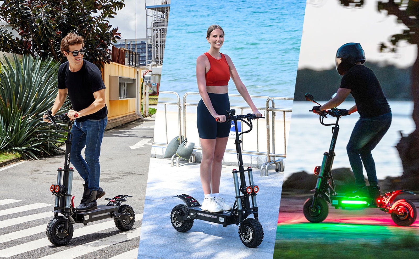 Three riders on the Teewing X5 electric scooter in the city, by the water and at night