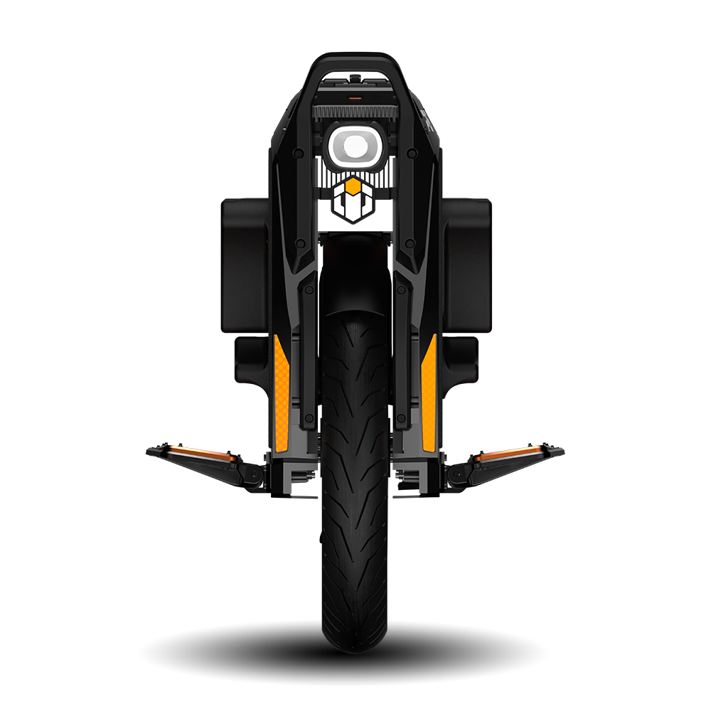 Head-on view of the INMOTION P6 electric unicycle showing the headlight and folded pedals
