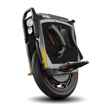 INMOTION P6 electric unicycle, three-quarter studio view in black and orange