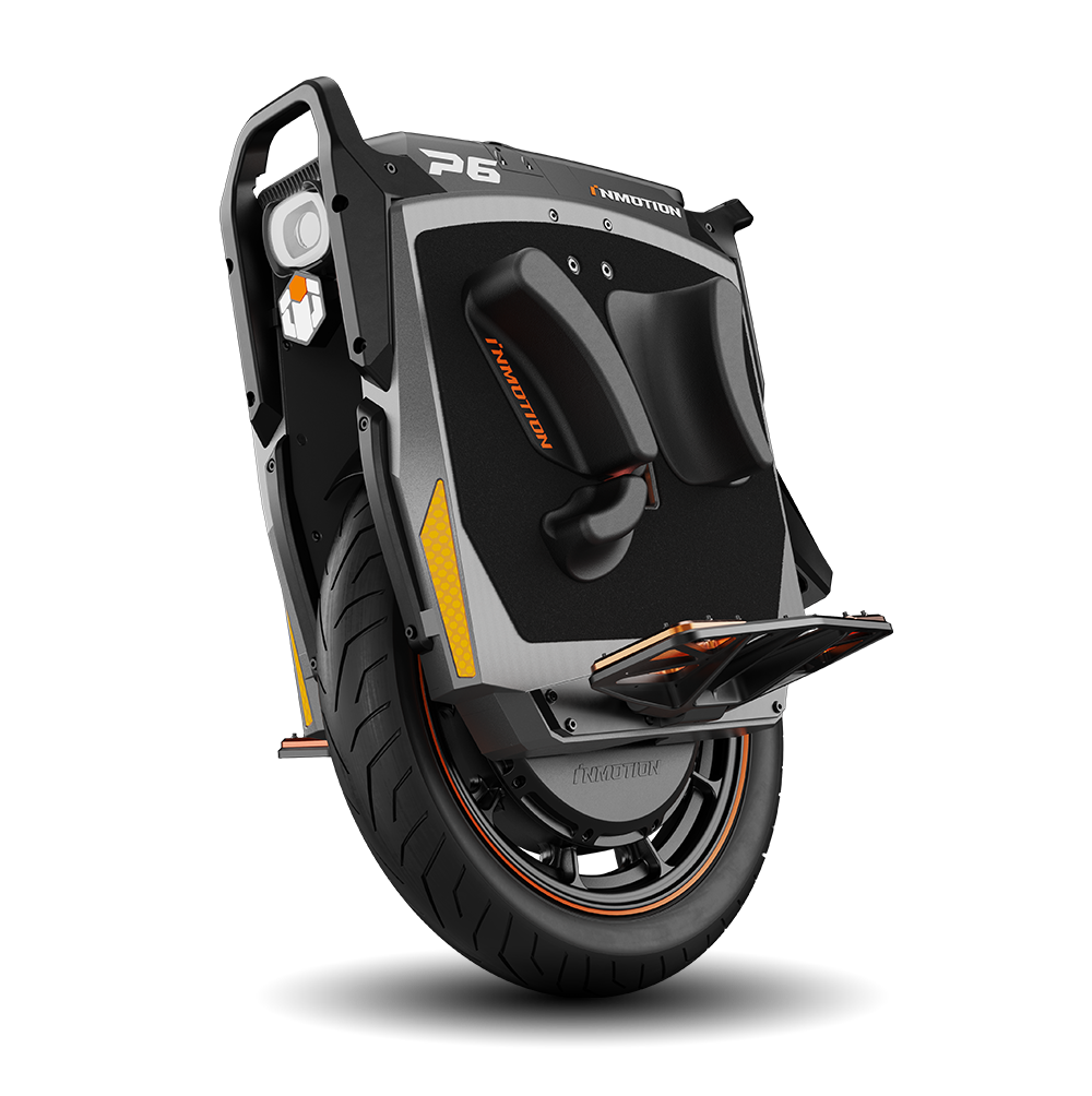 INMOTION P6 electric unicycle in three-quarter studio view showing suspension, pedals and 14-inch tire