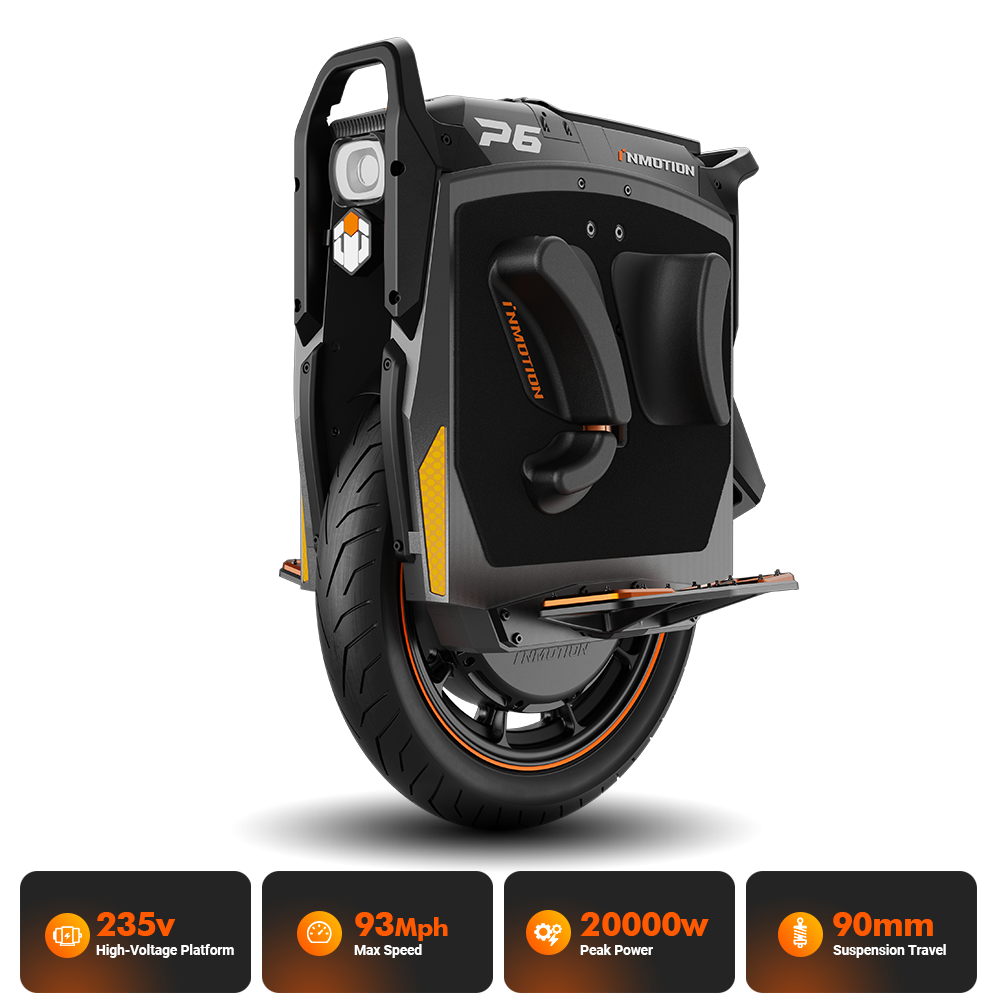 INMOTION P6 electric unicycle with INMOTION stat panel: 235V, 93 mph, 20000W, 90mm