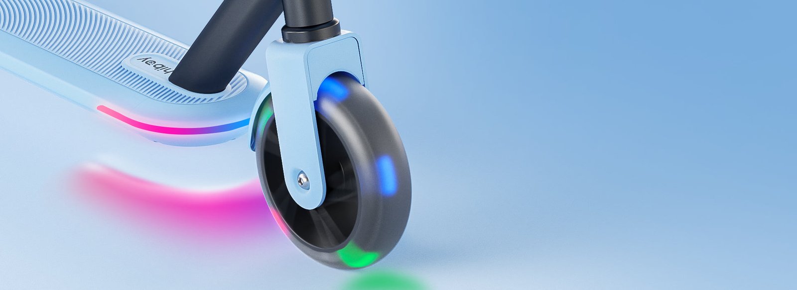Glowing front wheel and colorful deck light strip on the Hiboy ES1 kids electric scooter