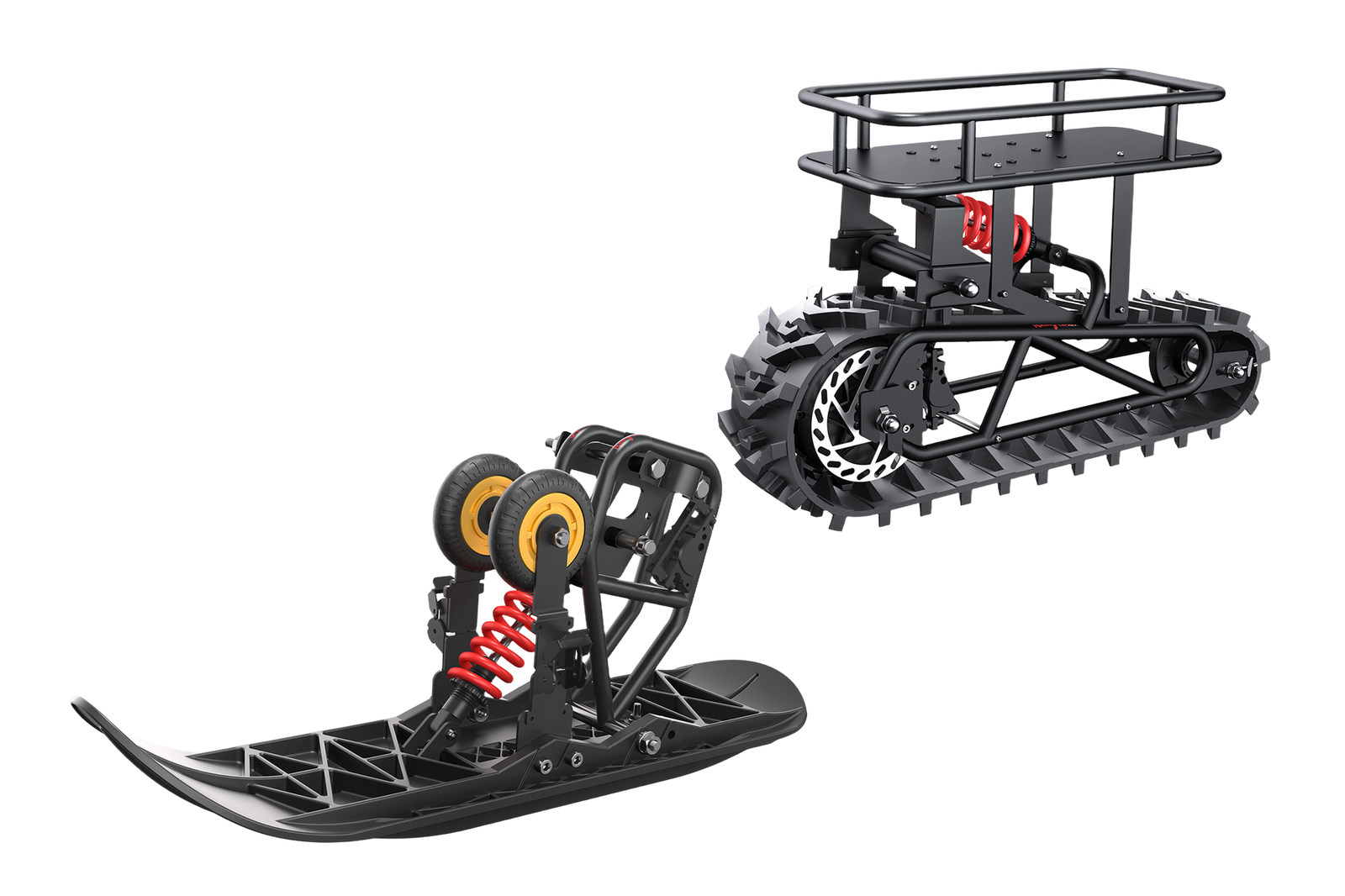 Riding’times snow track kit: front sled module and rear track module side by side