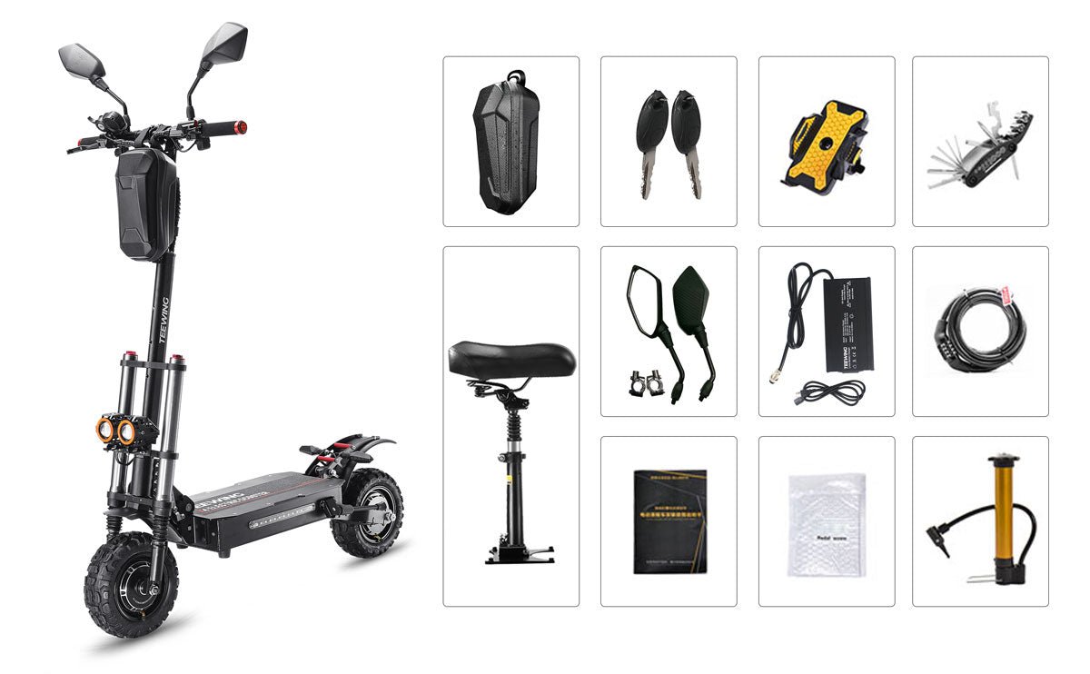 Everything packed with the Teewing X4 electric scooter: seat, bag, lock, mirrors, pump and tools
