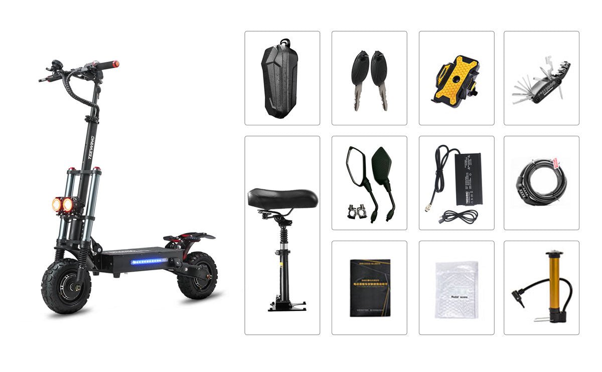 Everything packed with the Teewing X5 electric scooter: seat, bag, lock, mirrors, pump and tools
