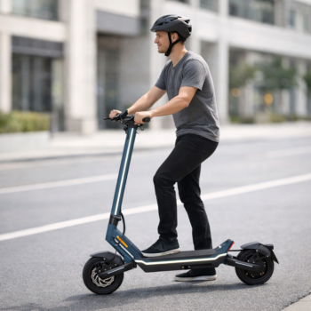 Rider on a Punk Rider Pro electric scooter on a city street