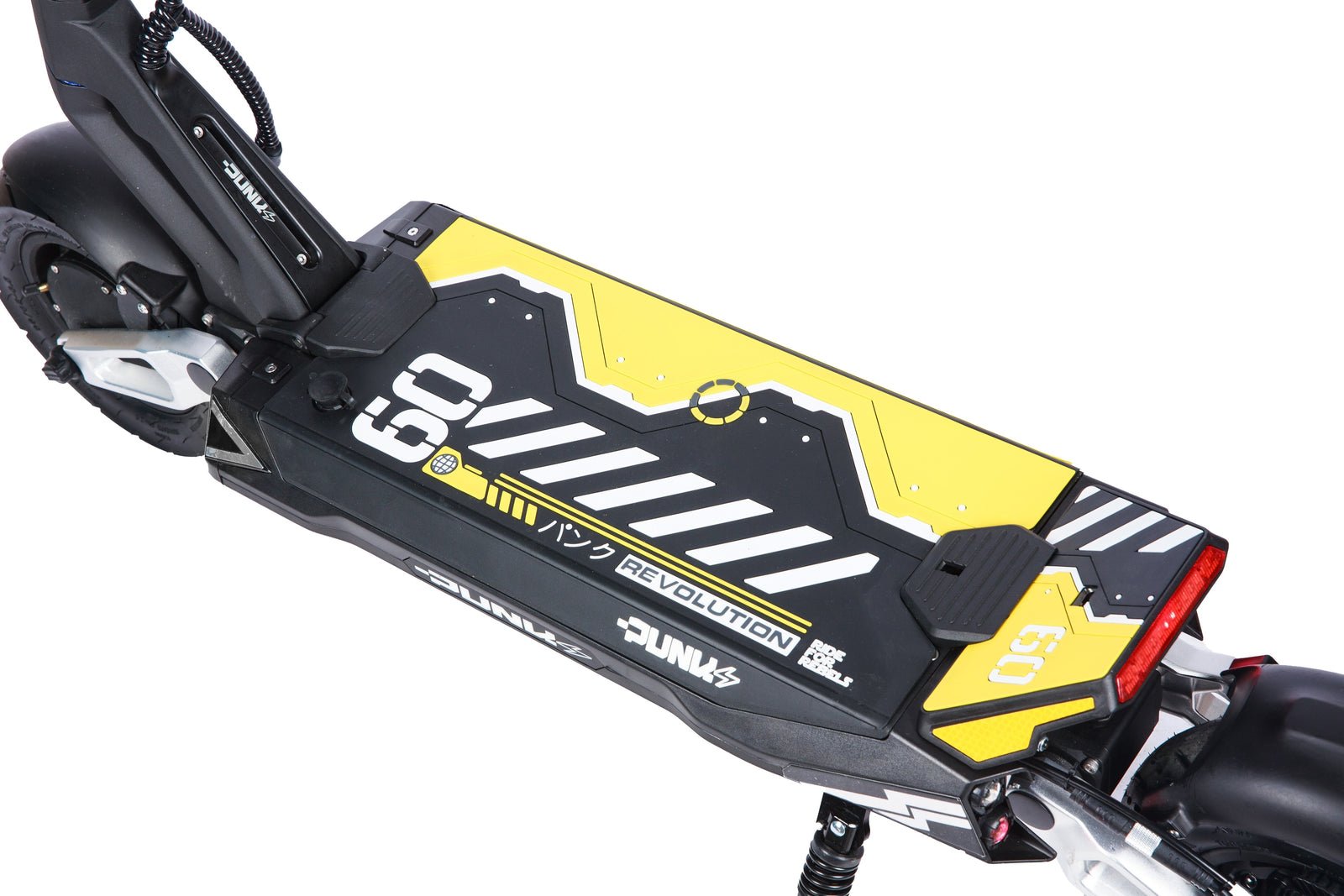 Deck detail of the Punk Rebel electric scooter showing its graphics and rear light