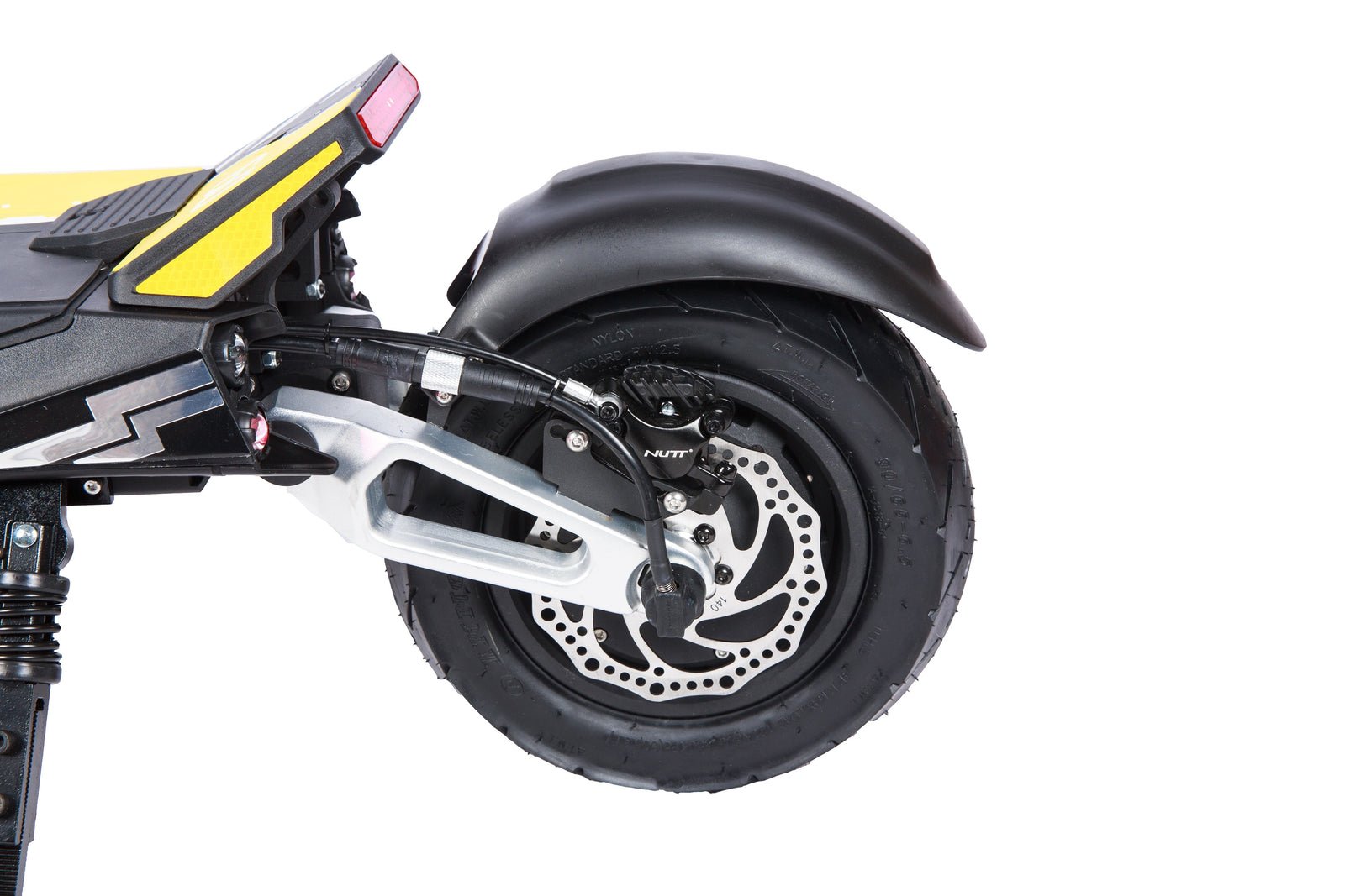 Rear swingarm, hydraulic disc brake and 11 by 3.5 inch tire on the Punk Rebel