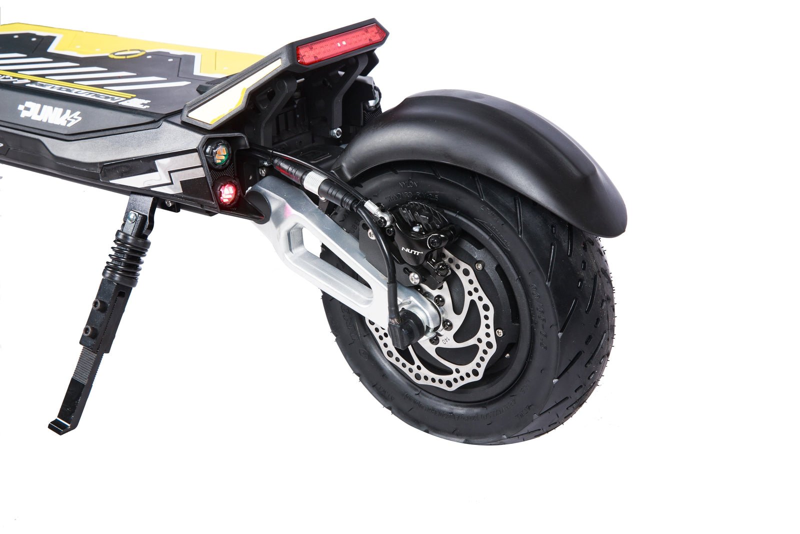 Punk Rebel electric scooter studio detail of the front suspension