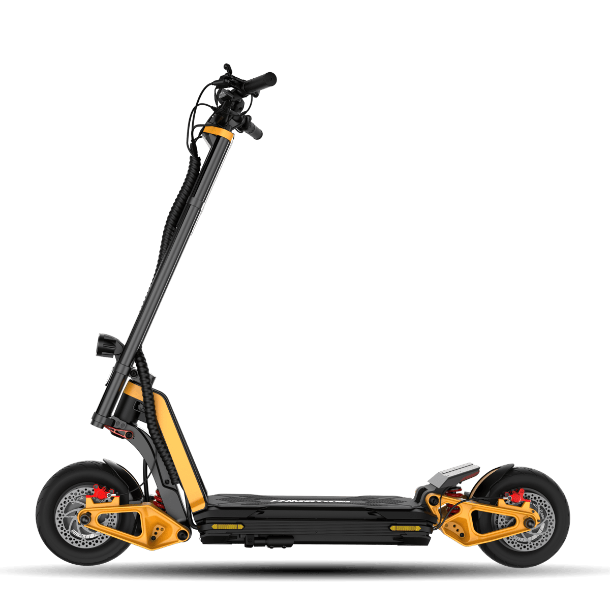 INMOTION RS electric scooter side elevation showing both hydraulic forks and disc brakes