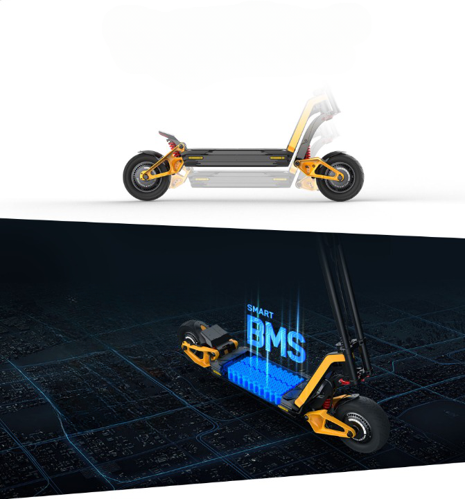 INMOTION art showing the RS folding action above its smart BMS battery pack