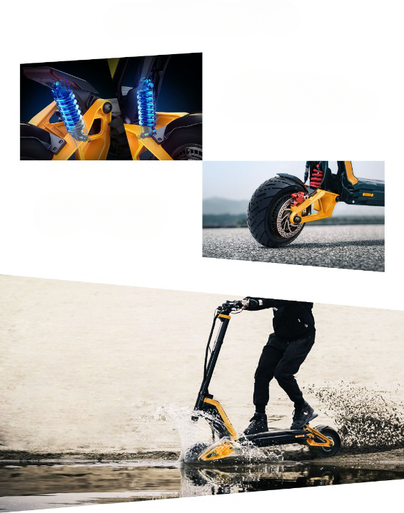 INMOTION detail art of the RS adjustable suspension and disc brake, and the electric scooter ridden through water