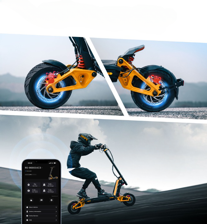 INMOTION detail art of the RS brakes and the INMOTION app connected to the electric scooter