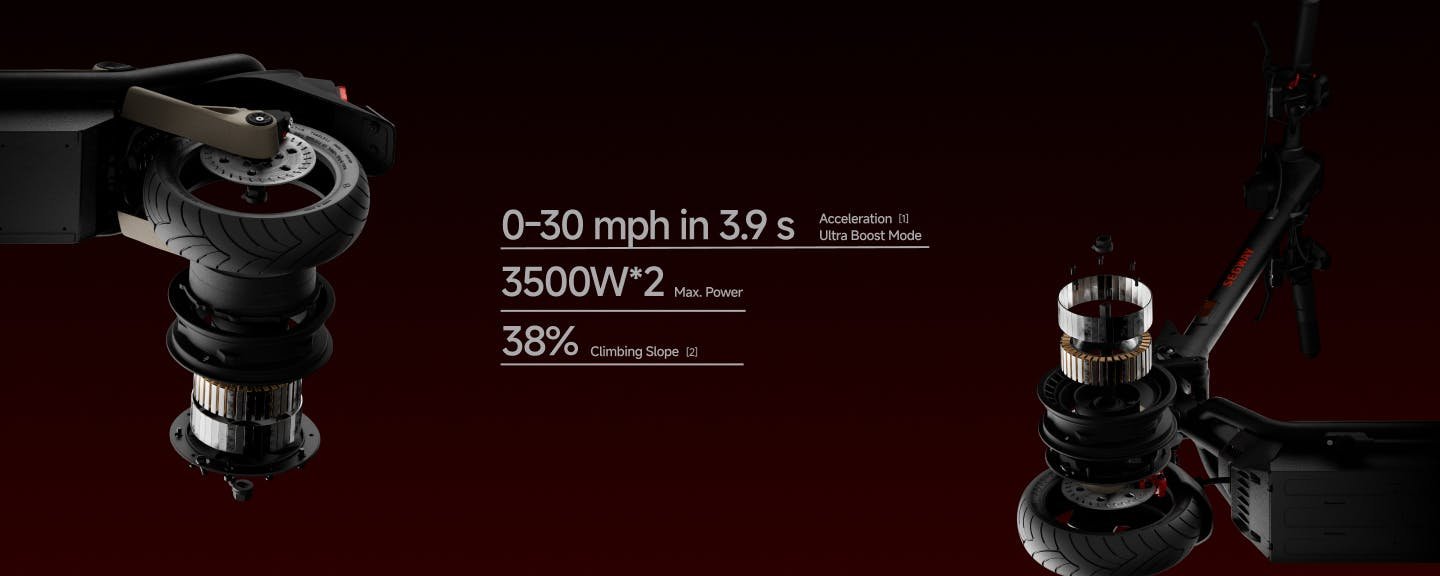 Front and rear hub motors of the Segway GT3 Pro SuperScooter with 0 to 30 mph in 3.9 seconds