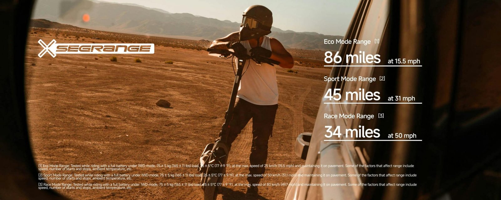 Rider on the Segway GT3 Pro SuperScooter in the desert with range by mode: 86 miles Eco, 45 Sport, 34 Race
