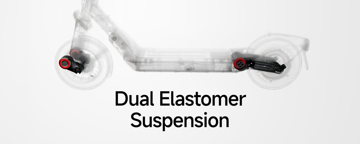 X-ray view of the Segway E3 Pro electric scooter showing dual elastomer suspension