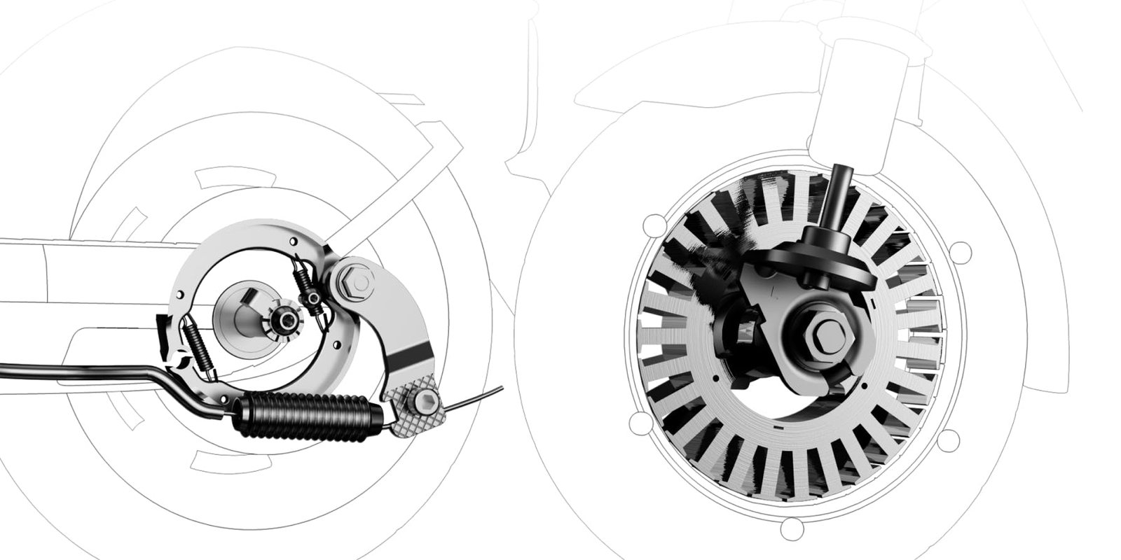 X-ray view of the rear drum brake and front motor of the Segway E2 Plus II electric scooter