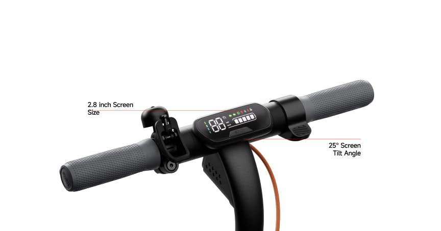 2.8 inch dashboard tilted at 25 degrees on the Segway E2 Plus II electric scooter handlebar