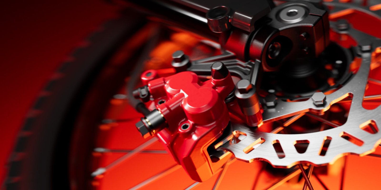 Four-piston hydraulic brake caliper and 220 mm rotor on the Segway Xaber 300 electric dirt bike