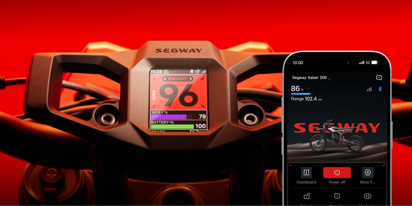 2.4 inch TFT display of the Segway Xaber 300 electric dirt bike beside the Segway app
