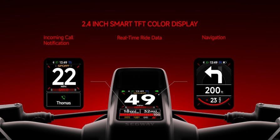 2.4 inch smart TFT colour display on the Segway GT3 Pro SuperScooter showing call notification, ride data and navigation