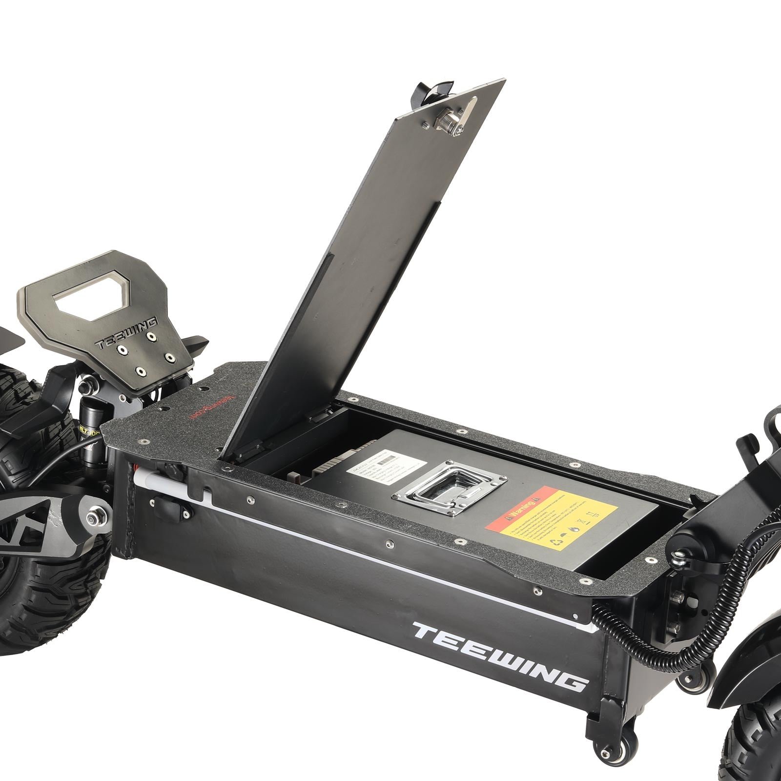 Battery compartment open on the deck of the Teewing Z4 Pro electric scooter