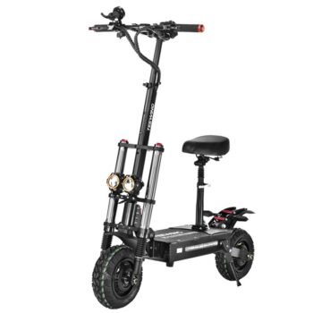 Teewing X5 electric scooter with the seat fitted, front quarter view