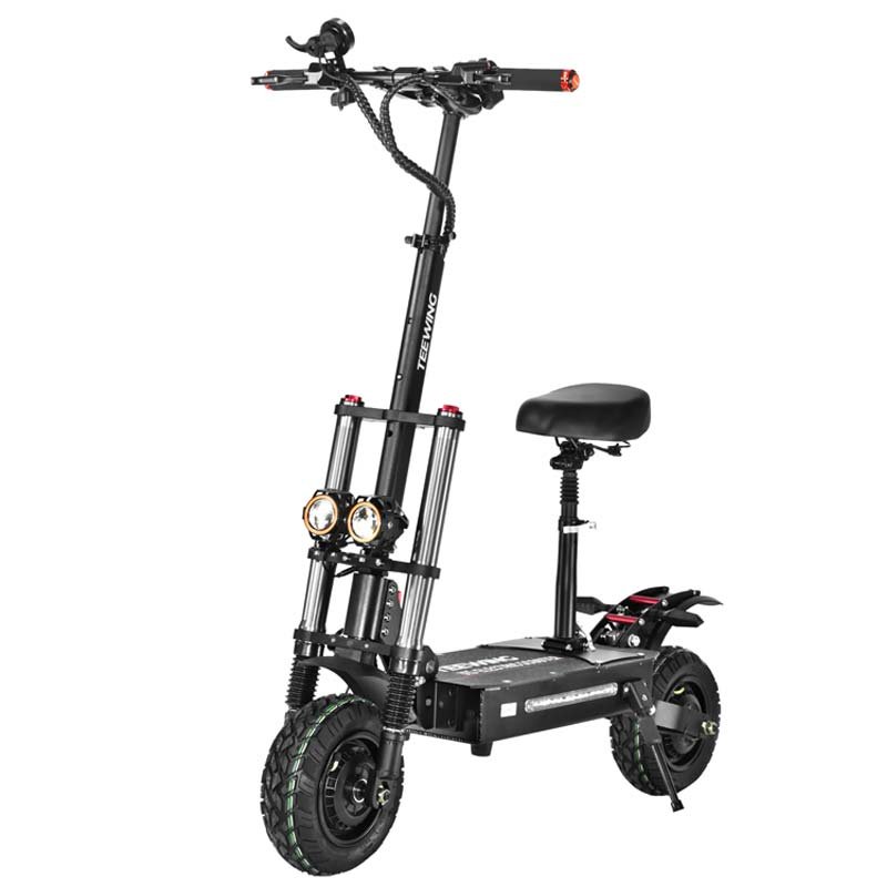 Teewing X5 electric scooter with the seat fitted, front quarter view