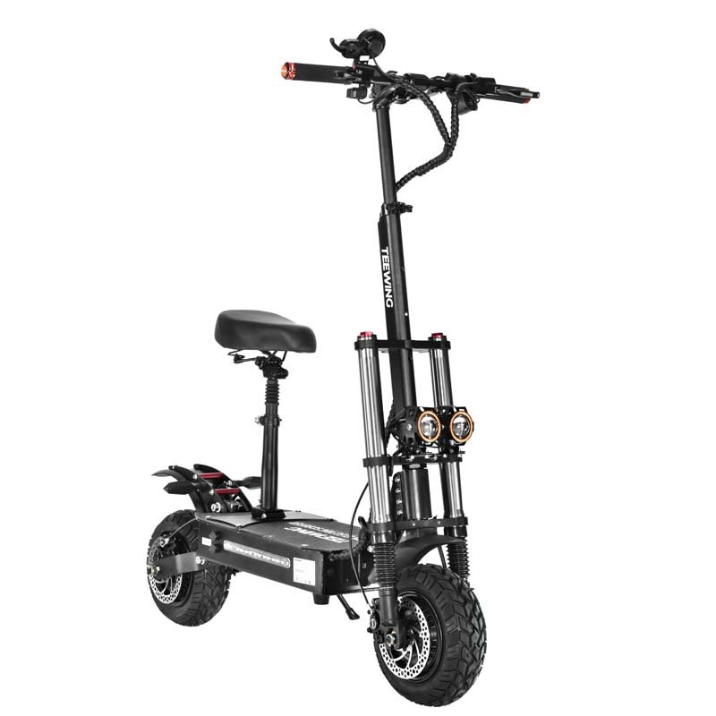 Teewing X5 electric scooter with the seat fitted, rear quarter view