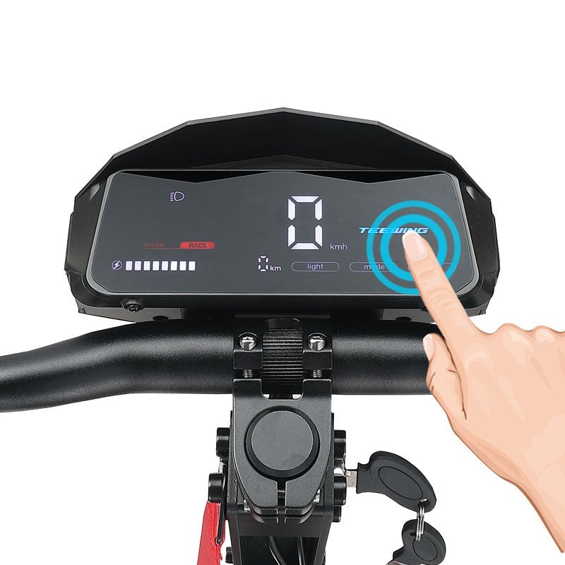 Finger on the touchscreen LED display of the Teewing GT4 electric scooter
