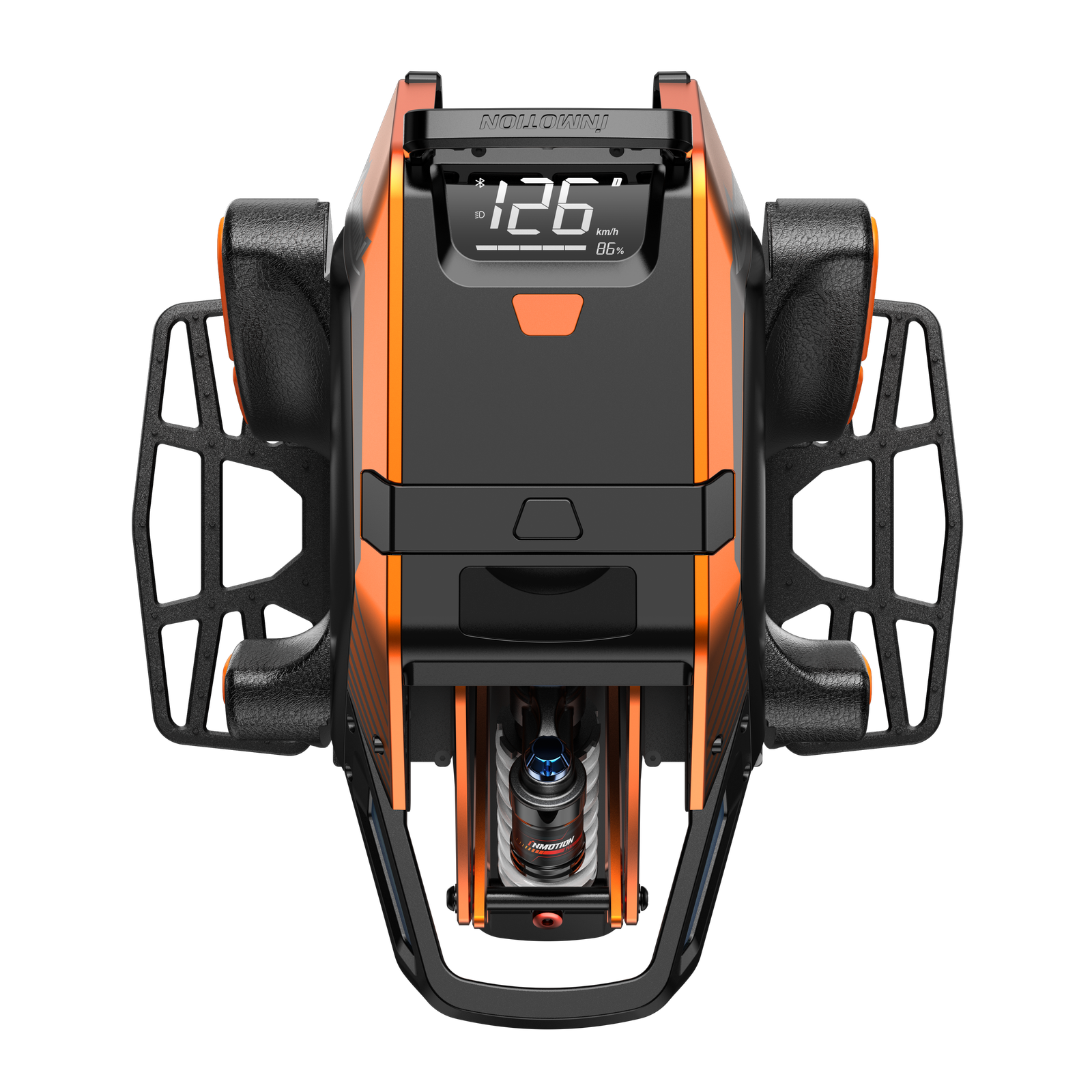 INMOTION V14 PRO electric unicycle from above, display, power pads and shock