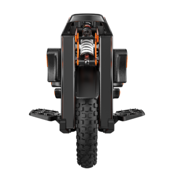 INMOTION V14 PRO electric unicycle from the rear showing the progressive coil-over spring