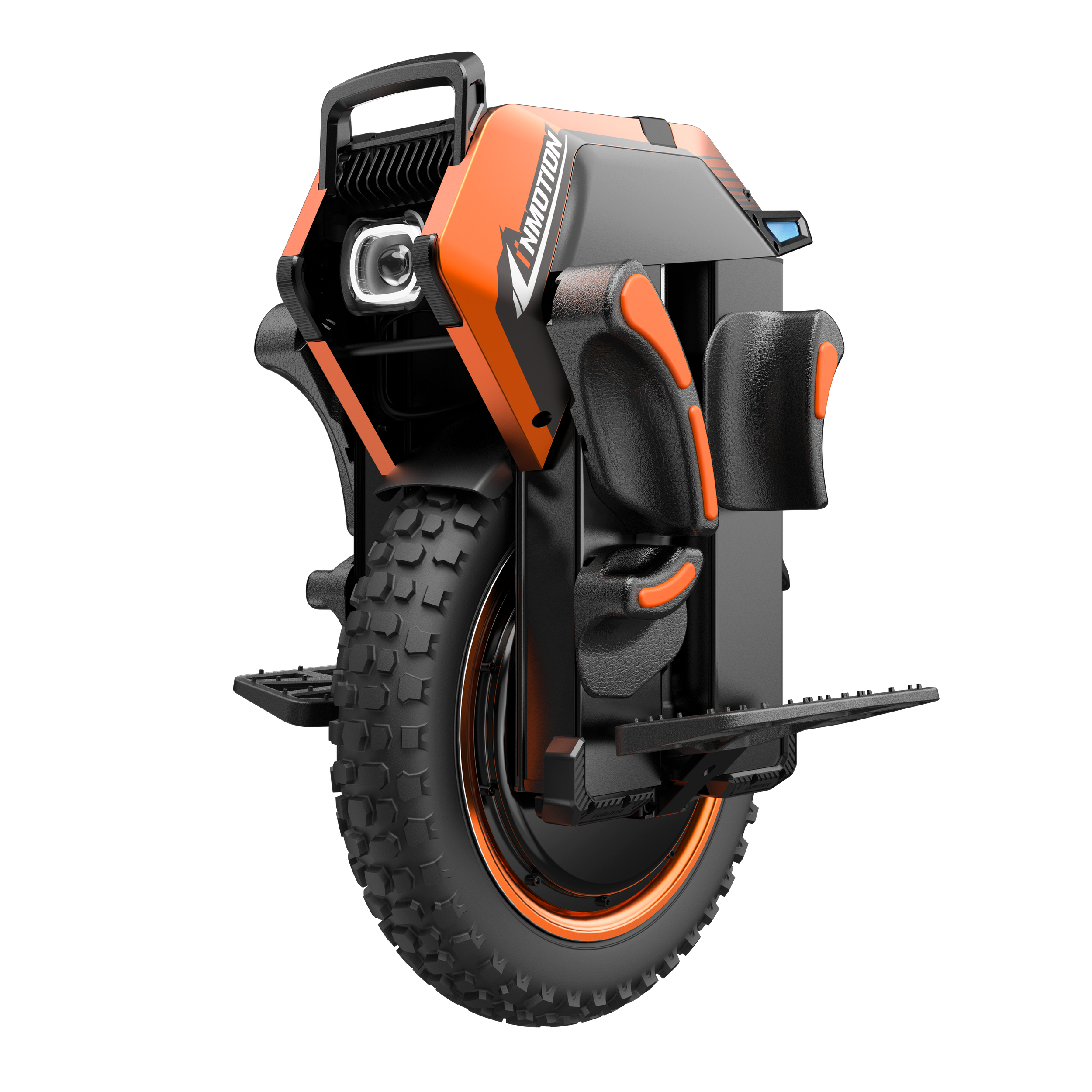 INMOTION V14 PRO electric unicycle, front three-quarter studio view in orange and black