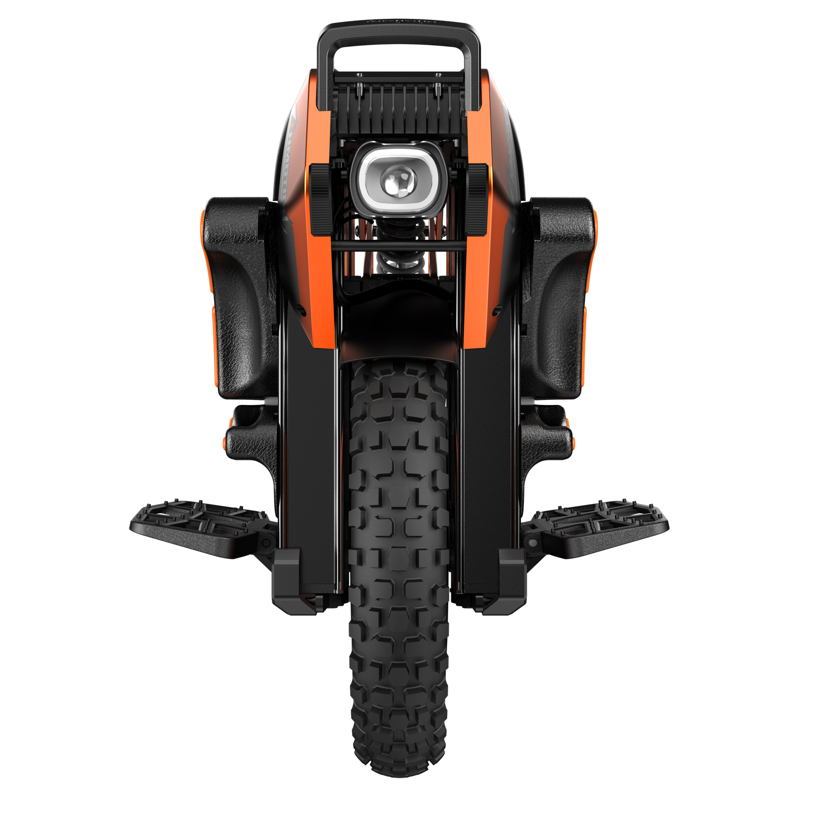 INMOTION V14 PRO electric unicycle head-on, showing the headlight and spiked pedals